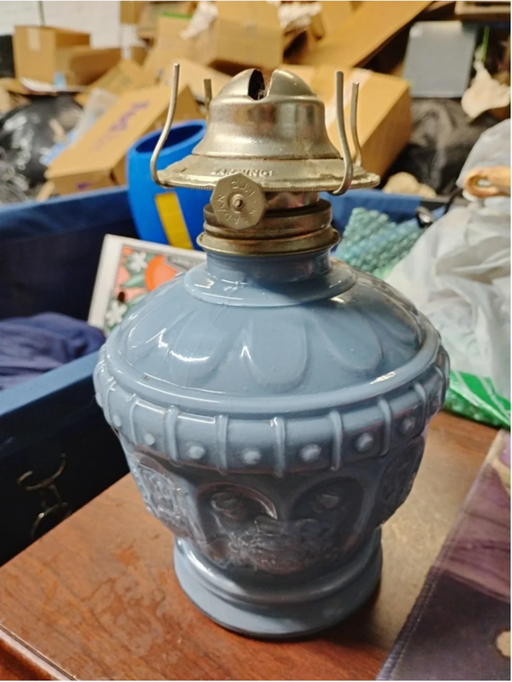 VTG 1988 Kaadan LTD Embossed Rose Bud Pale Blue Glass Paraffin/ Oil Lamp Base